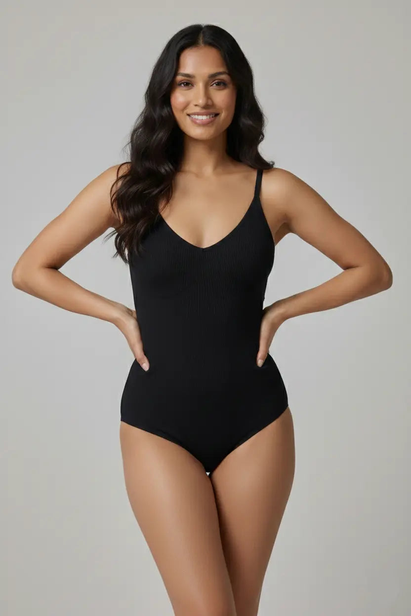 Woman wearing a black swimsuit against a plain background