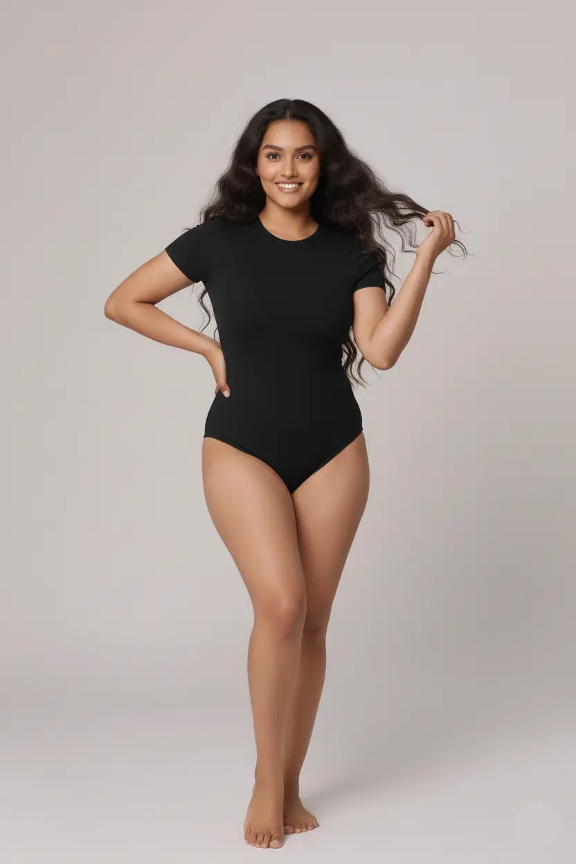 Woman wearing a black bodysuit against a plain background